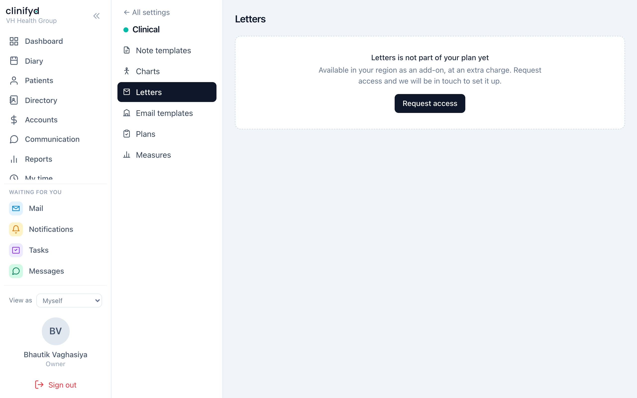 Manage → Letters — the letterhead and every template on it.